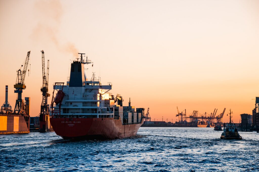 cargo ship sunset